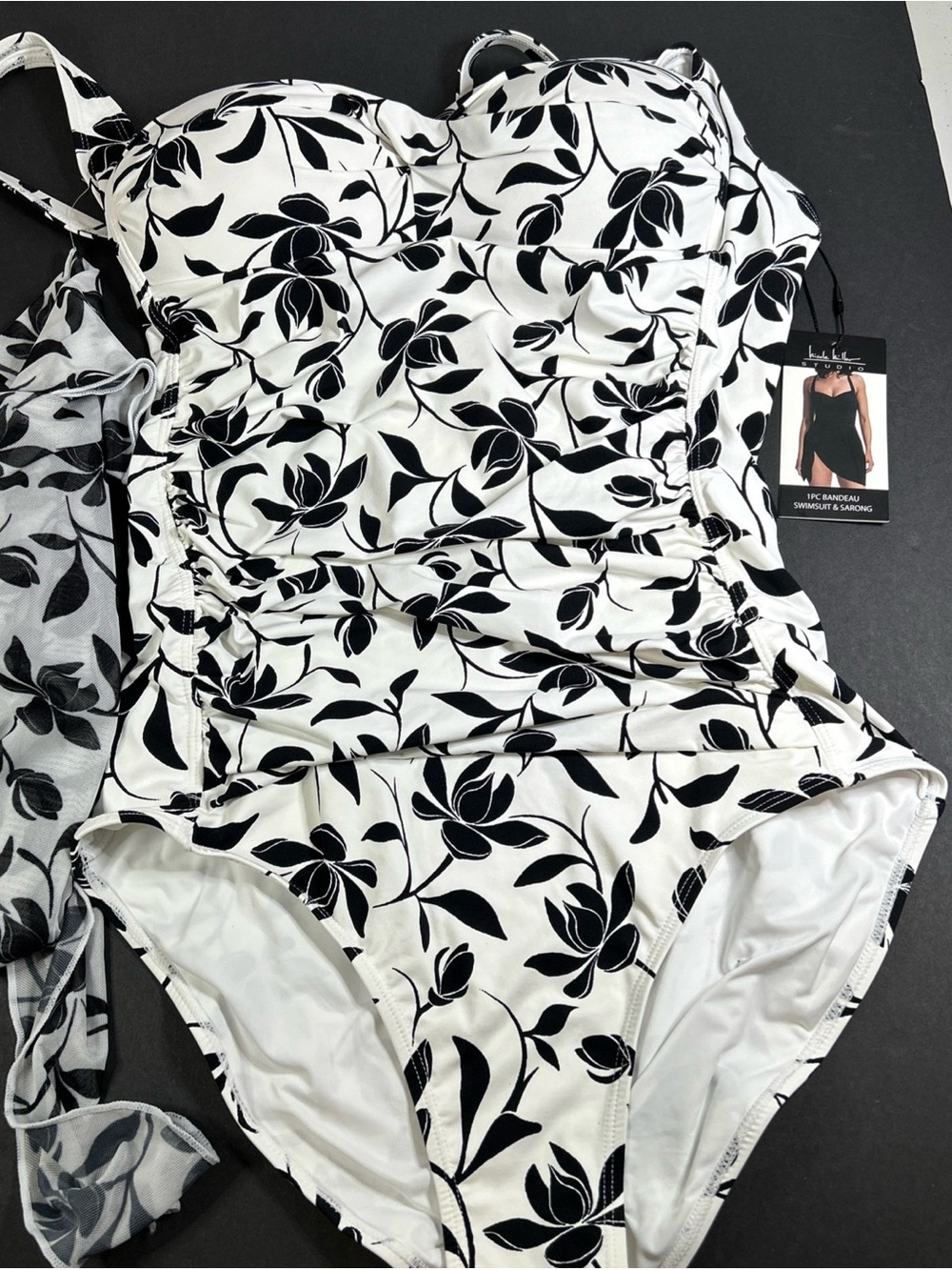 Nicole Miller NWT Large one piece bathing suit with wrap blk white
